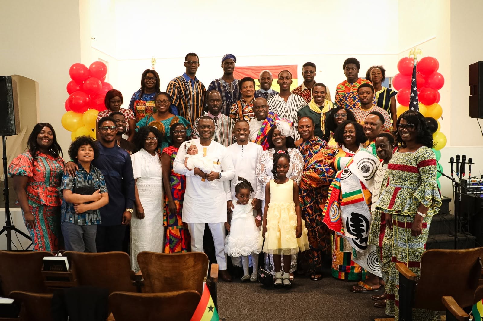 The Berean Ghanaian Adventist Fellowship congregation celebrating together in traditional kente dress